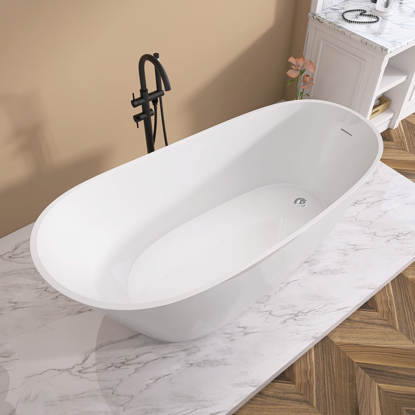 67" Acrylic Free Standing Tub - Classic Oval Shape Soaking Tub, Adjustable Freestanding Bathtub with Integrated Slotted Overflow and Chrome Pop-up Drain Anti-clogging Gloss White