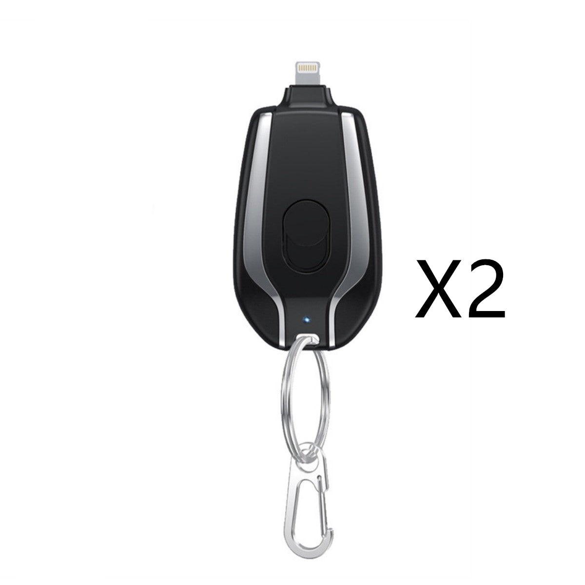 Black and silver electronic device with carabiner on a white background