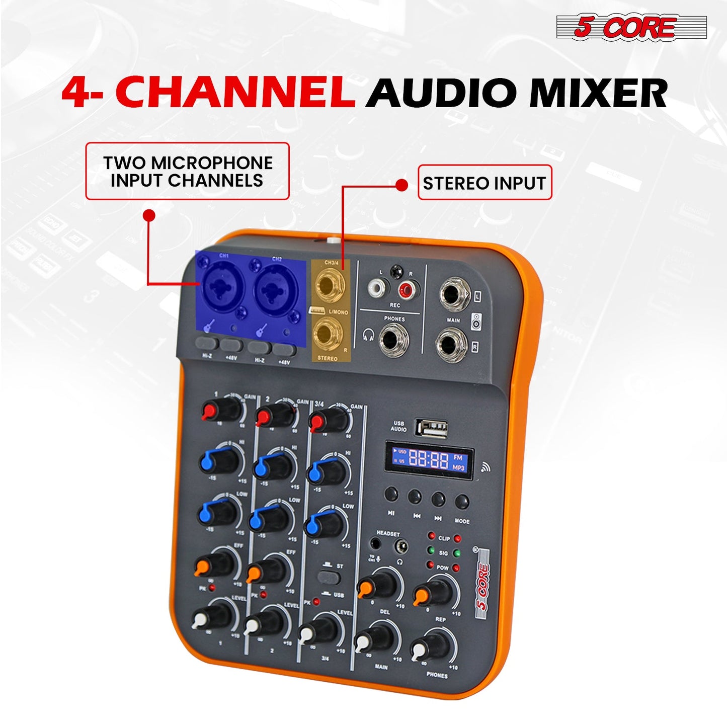 5 Core Audio Mixer 4 Channel DJ Equipment with Bluetooth USB Sound