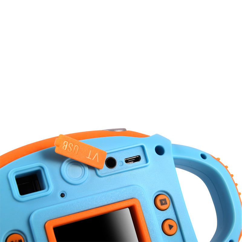 Close-up of a blue and orange electronic device with USB port on a white background