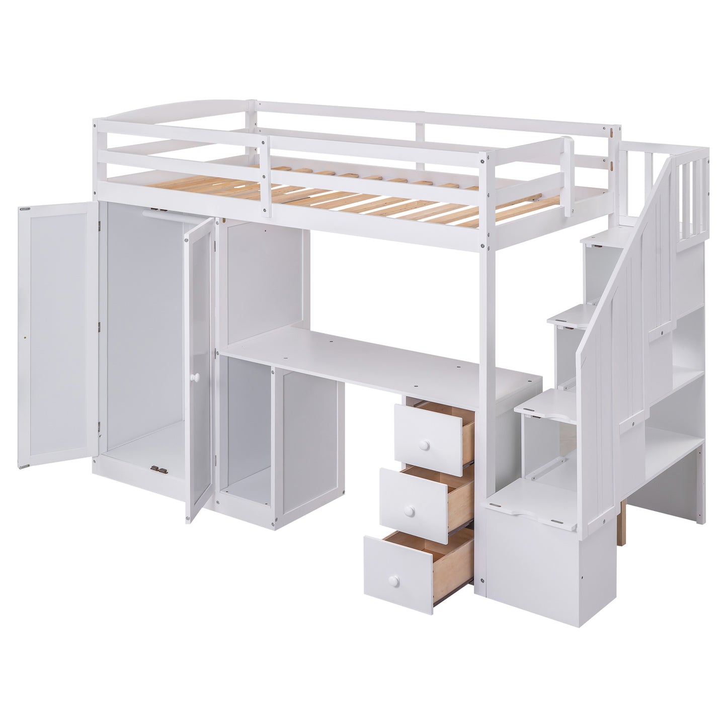 Twin Size Loft Bed with Wardrobe and Staircase, Desk and Storage Drawers and Cabinet in 1, White