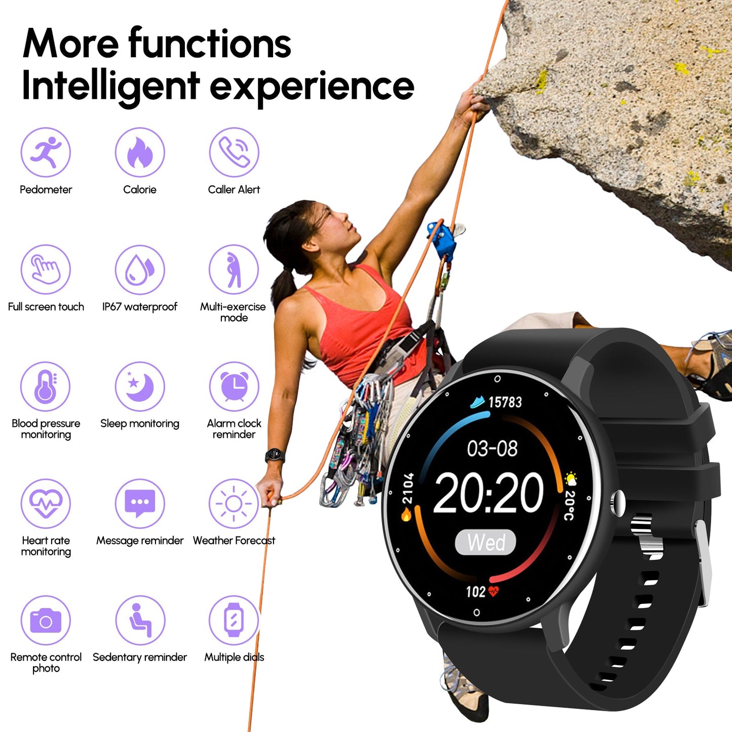 Smartwatch with climbing woman and feature icons on a white background