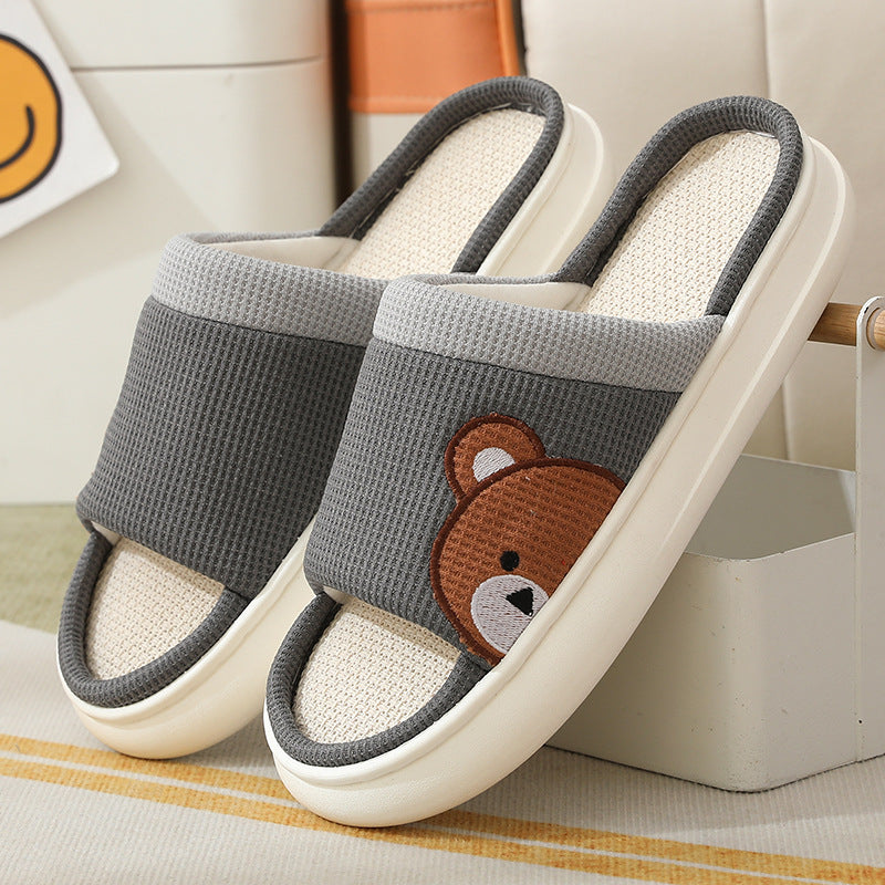 Cute Cartoon Bear Linen Slippers For Women Indoor Non-slip Sweat-absorbent Breathable Slip On Floor Bedroom Slipper House Shoes. Raee-Industries.