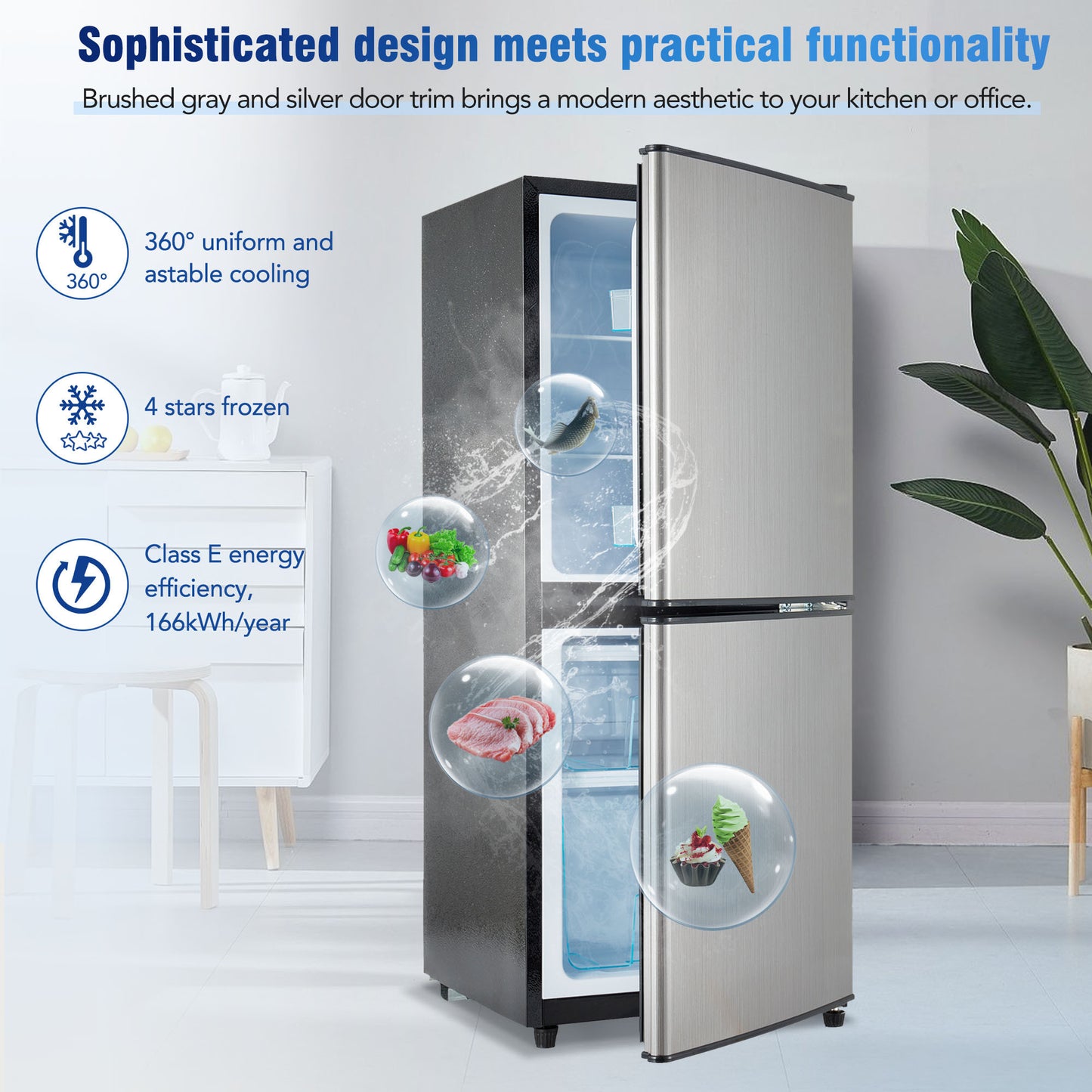 3.6Cu.Ft Dual Zone Refrigerator, 2.2+1.4Cu.Ft 4 Star Freezer, 7 Temperature Settings, 45 dB, Brushed Gray Silver, LED Lighting, Adjustable Shelves, 166kWh/Year, 16.73"×17.52"×40.16 "