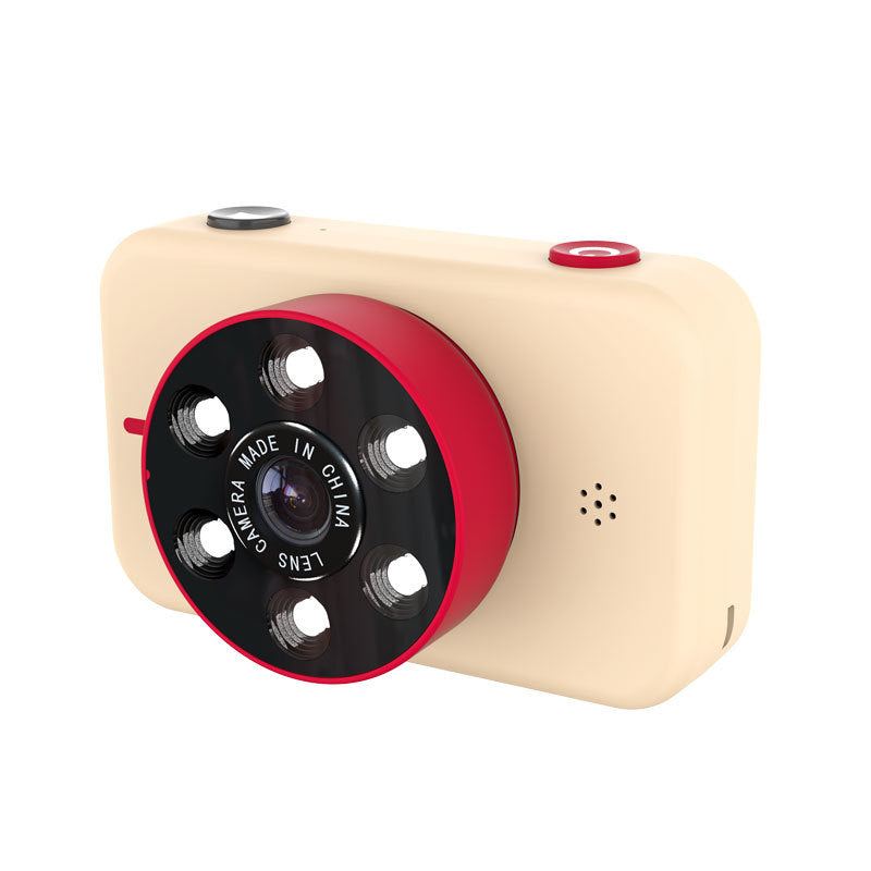 Small camera with beige body and red accents on a white background