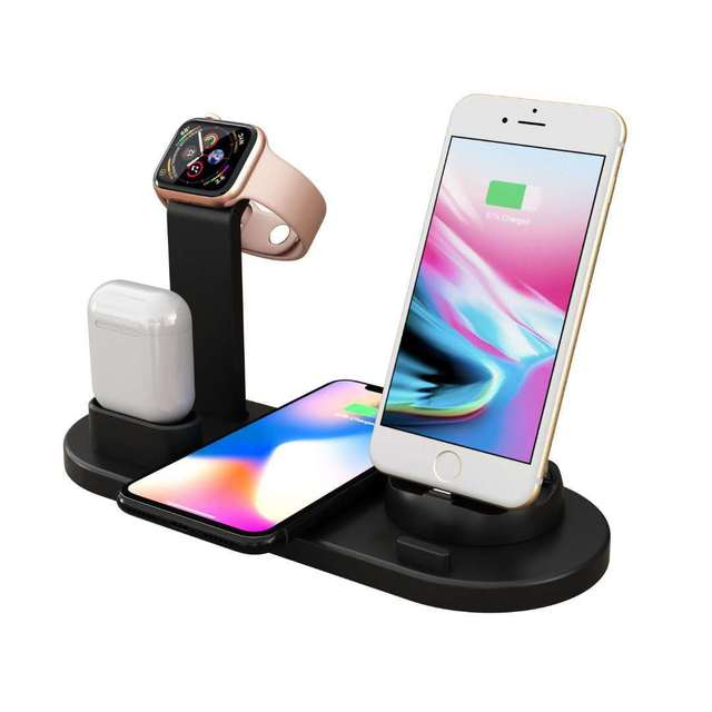 Multi-device charging stand with smartphone, smartwatch, and wireless earbuds on a white background