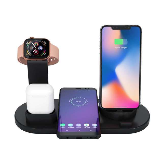 Multi-device wireless charging station with smartwatch, phone, and airpods on a white background
