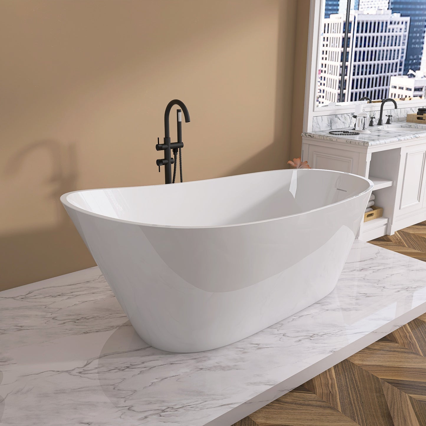 67" Acrylic Free Standing Tub - Classic Oval Shape Soaking Tub, Adjustable Freestanding Bathtub with Integrated Slotted Overflow and Chrome Pop-up Drain Anti-clogging Gloss White