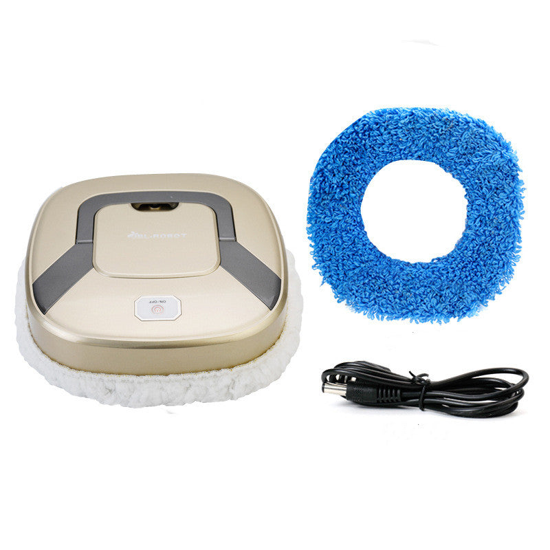 Robotic cleaning device with a blue cleaning pad and power cord on a white background