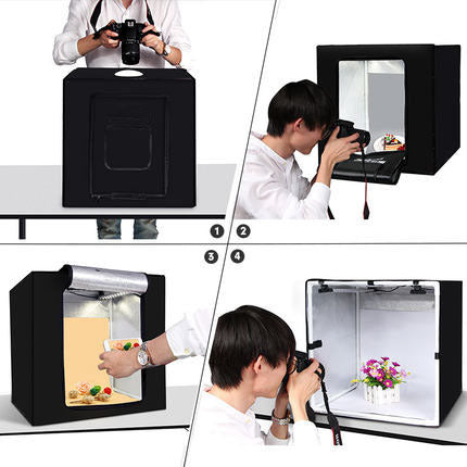 Collage of a photographer using a photo studio box to take pictures.