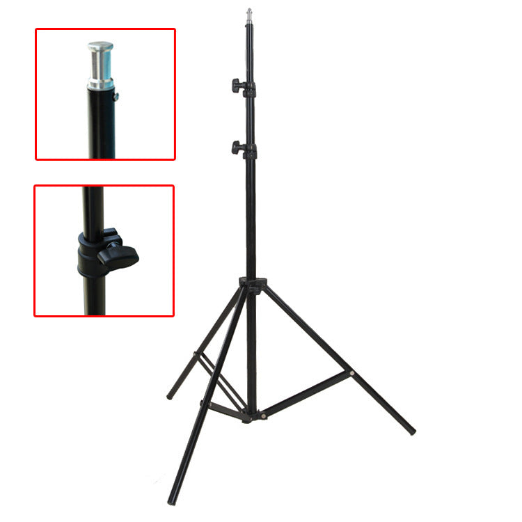 Black tripod stand with close-up insets on a white background