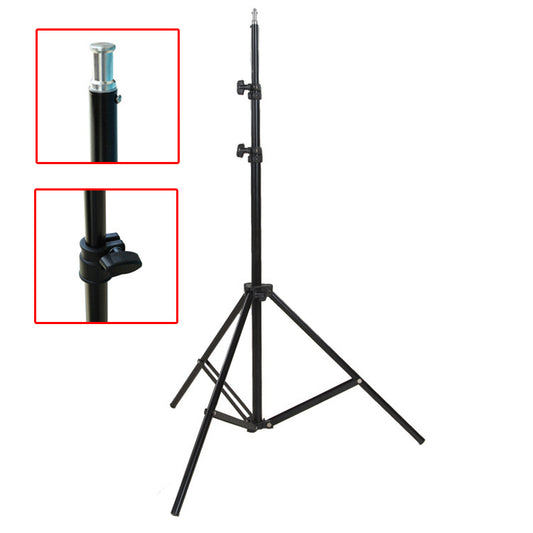 Black tripod stand with close-up insets on a white background