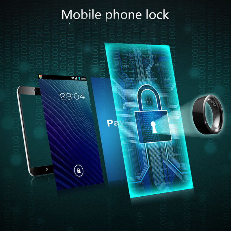 Smartphone, lock screen with padlock graphic, and a ring on a digital background with 'Mobile phone lock' text.