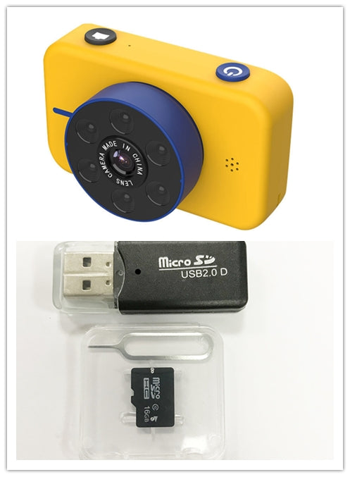 Yellow and blue camera with USB adapter, microSD card, and sim card on a white background