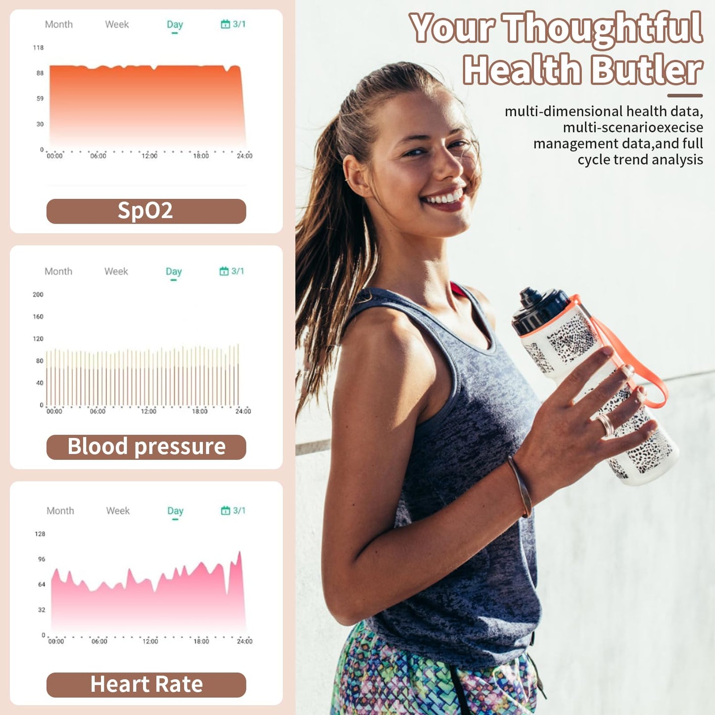 Woman holding a water bottle with health monitoring app on screen
