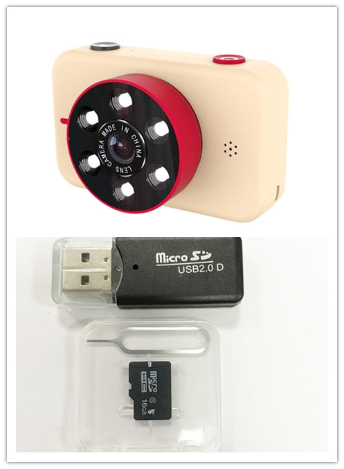 Small camera with accessories including a micro SD card, USB adapter, and sim card tray on a white background.