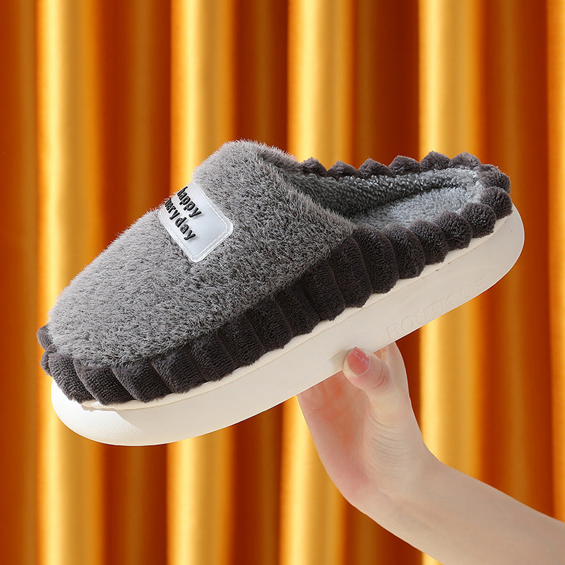 Home Slippers For Men Thick-soled Color-block Letters Fluffy Fleece House Shoes Winter Indoor Warm Slip On Floor Bedroom Slipper. Raee-Industries