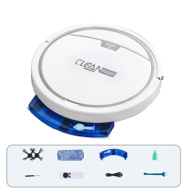Robotic vacuum cleaner with a clear lid and blue base on a white background