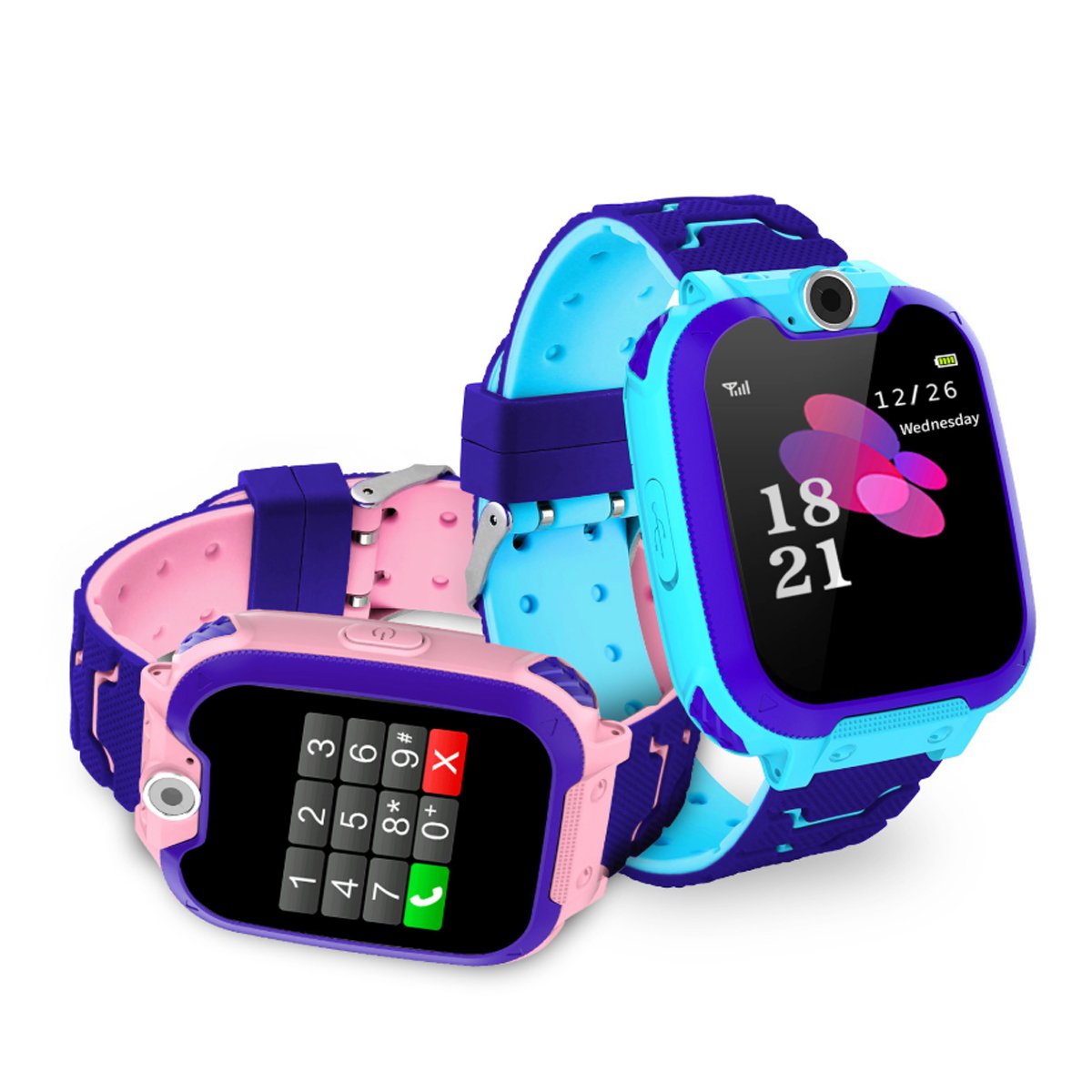 Two colorful children's smartwatches on a white background