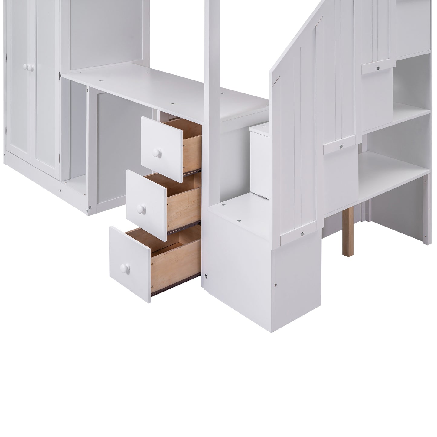 Twin Size Loft Bed with Wardrobe and Staircase, Desk and Storage Drawers and Cabinet in 1, White