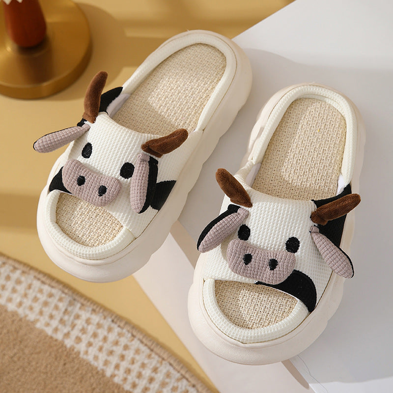 Cute Cartoon Cow Frog Slippers Linen Non-slip Shoes Indoor Garden Home Slippers. Raee-Industries.com