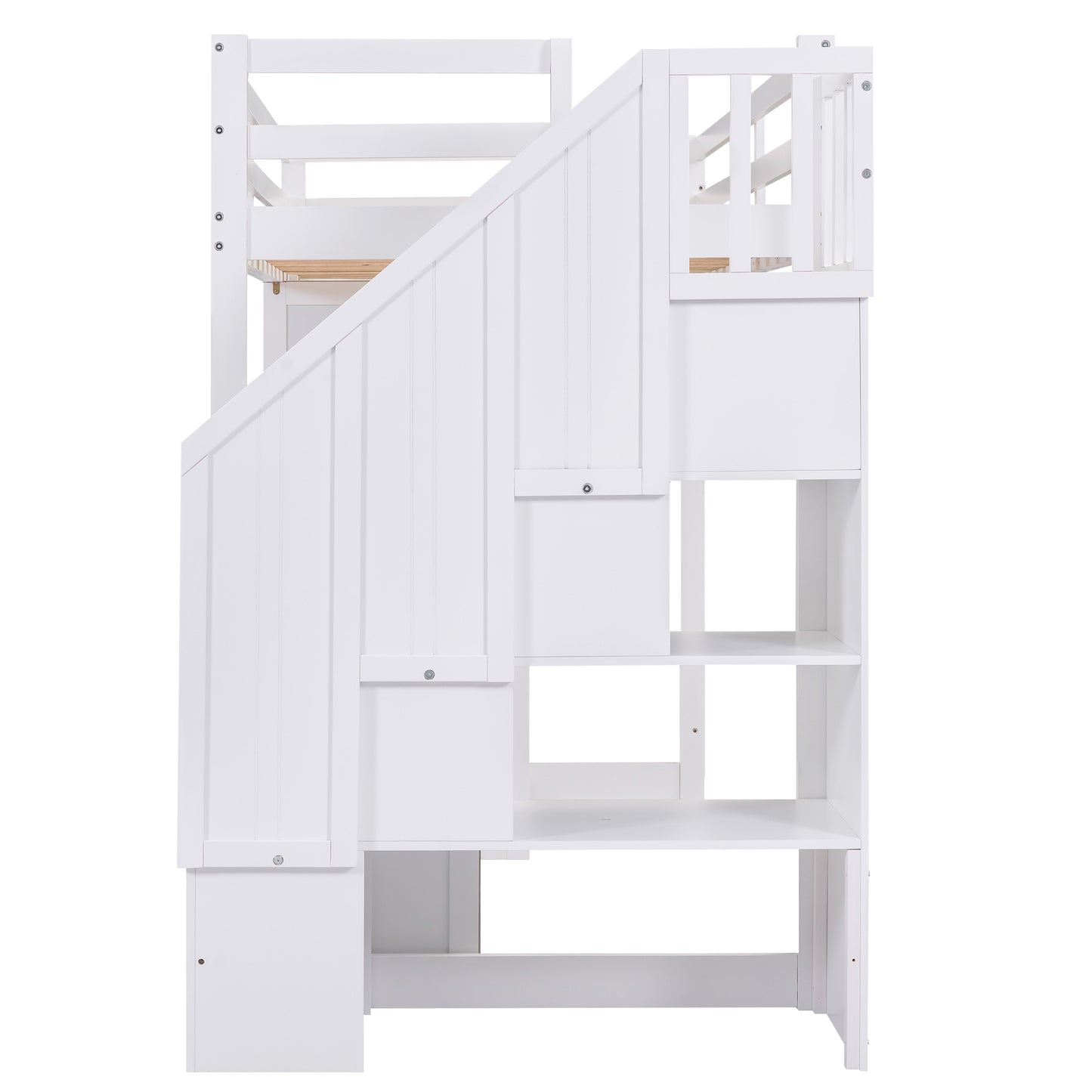 Twin Size Loft Bed with Wardrobe and Staircase, Desk and Storage Drawers and Cabinet in 1, White