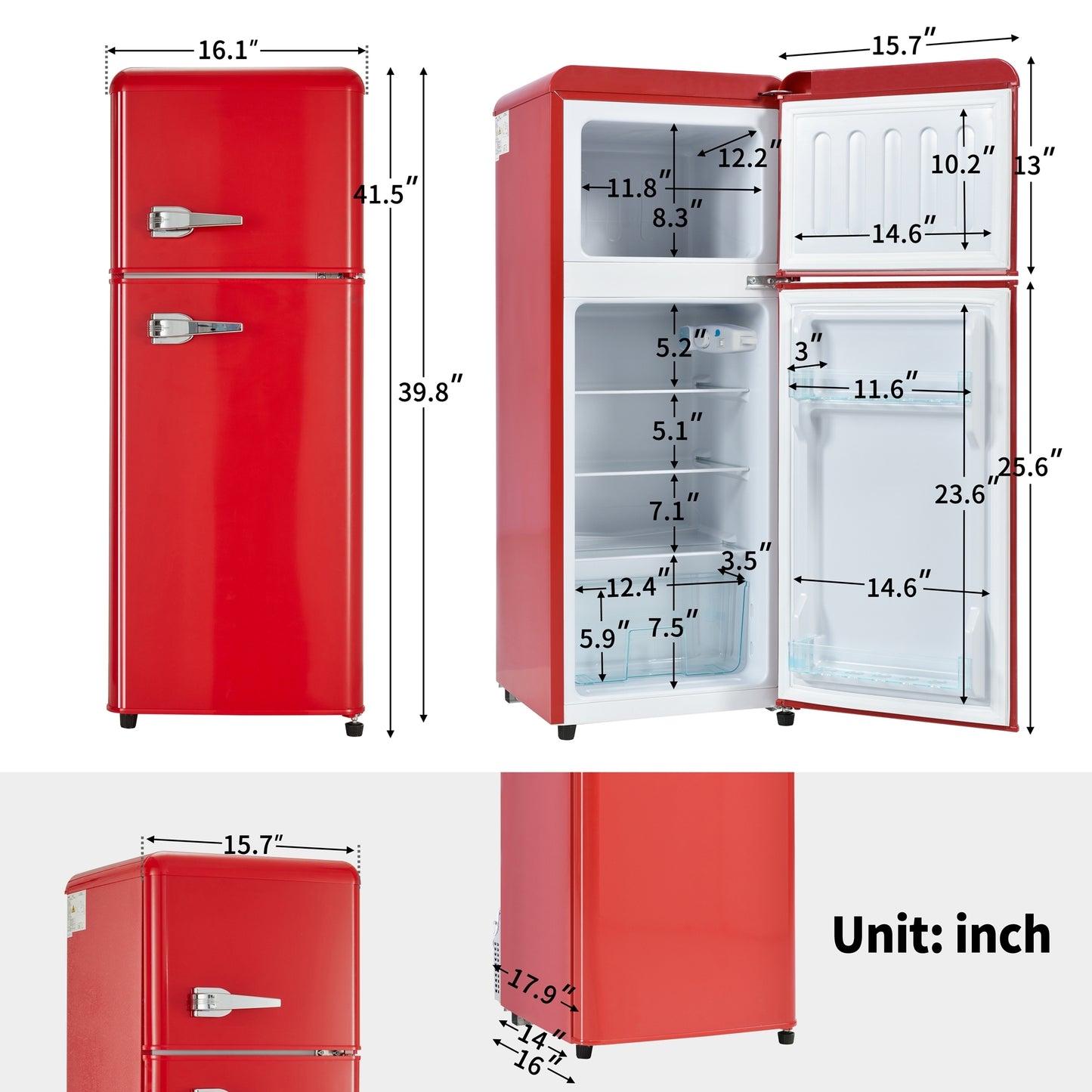 4.5 cu. ft. Dual Zone Refrigerator, 3.3 Fridge + 1.2 cu. ft. 4-Star Freezer, 7 Temperature Settings, 45 dB, Red, Silver Handles, LED Lighting, Adjustable Shelves, 16.69" x 17.52" x 40.08"