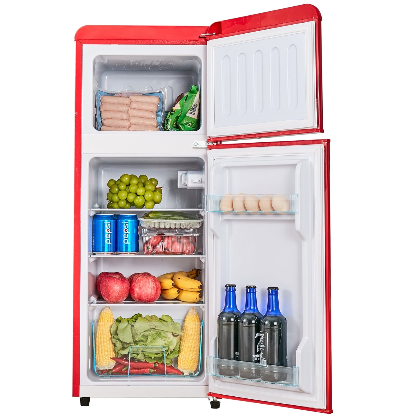 4.5 cu. ft. Dual Zone Refrigerator, 3.3 Fridge + 1.2 cu. ft. 4-Star Freezer, 7 Temperature Settings, 45 dB, Red, Silver Handles, LED Lighting, Adjustable Shelves, 16.69" x 17.52" x 40.08"