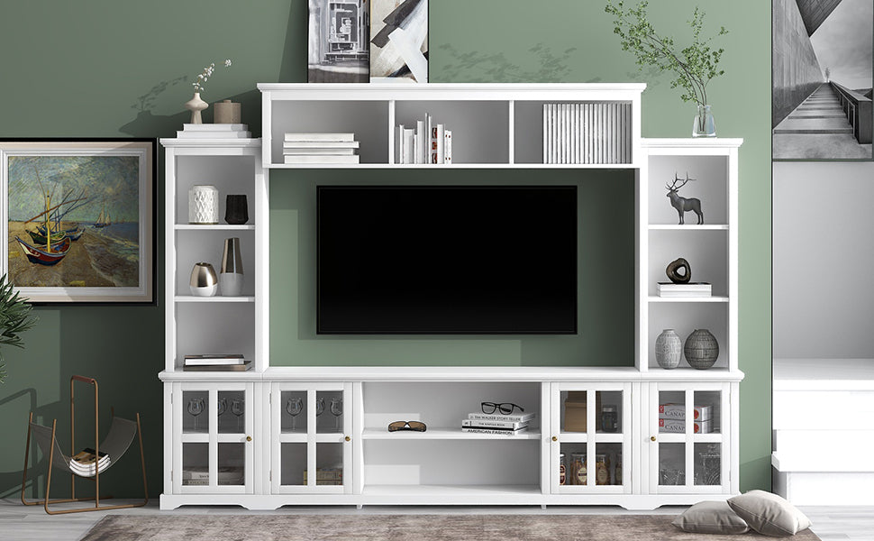 [VIDEO provided] ON-TREND Minimalism Entertainment Wall Unit with Bridge, Modern TV Console Table for TVs Up to 70", Multifunctional TV Stand with Tempered Glass Door, White (Old SKU: SD000009AAK)