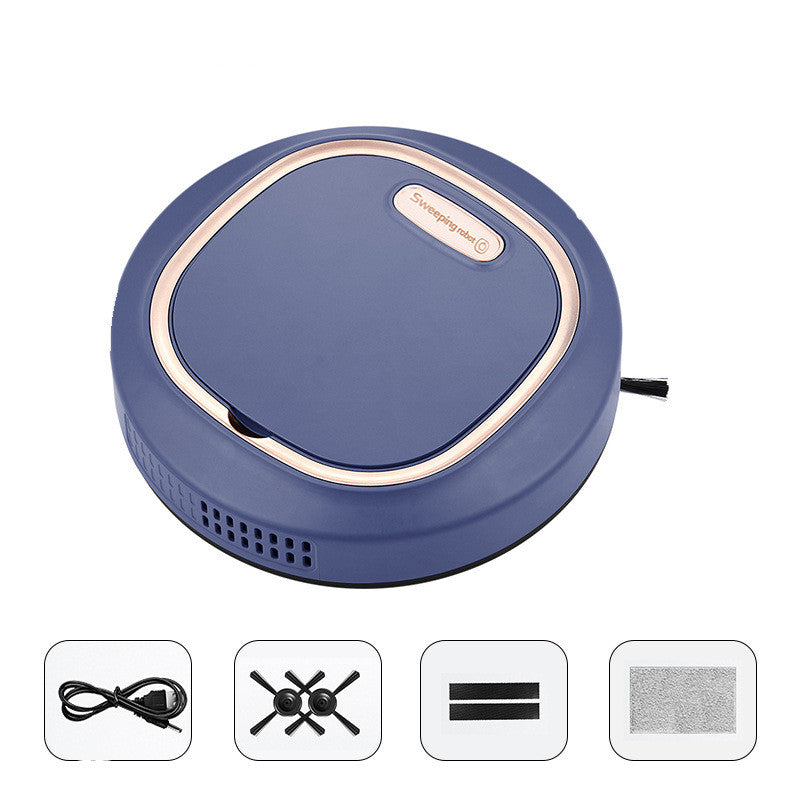 Blue robot vacuum cleaner on a white background with icons below.