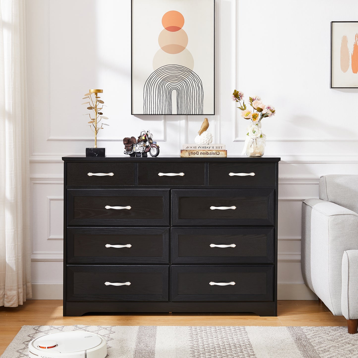 Bedroom dresser, 9 drawer long dresser with antique handles, wood chest of drawers for kids room, living room, entry and hallway, Black, 47.2'' W x 15.8'' D x 34.6'' H.