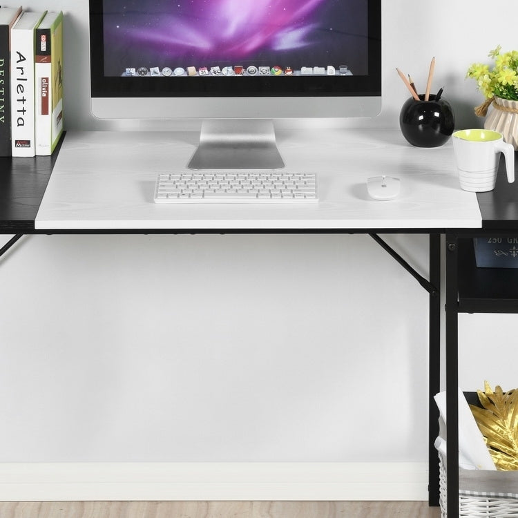 47.2" L x 23.6" D Writing Computer Desk, Home Office Study Desk with 2 Storage Shelves on Right Side, Fashion Simple Style Wood Table Metal Frame- White & Black