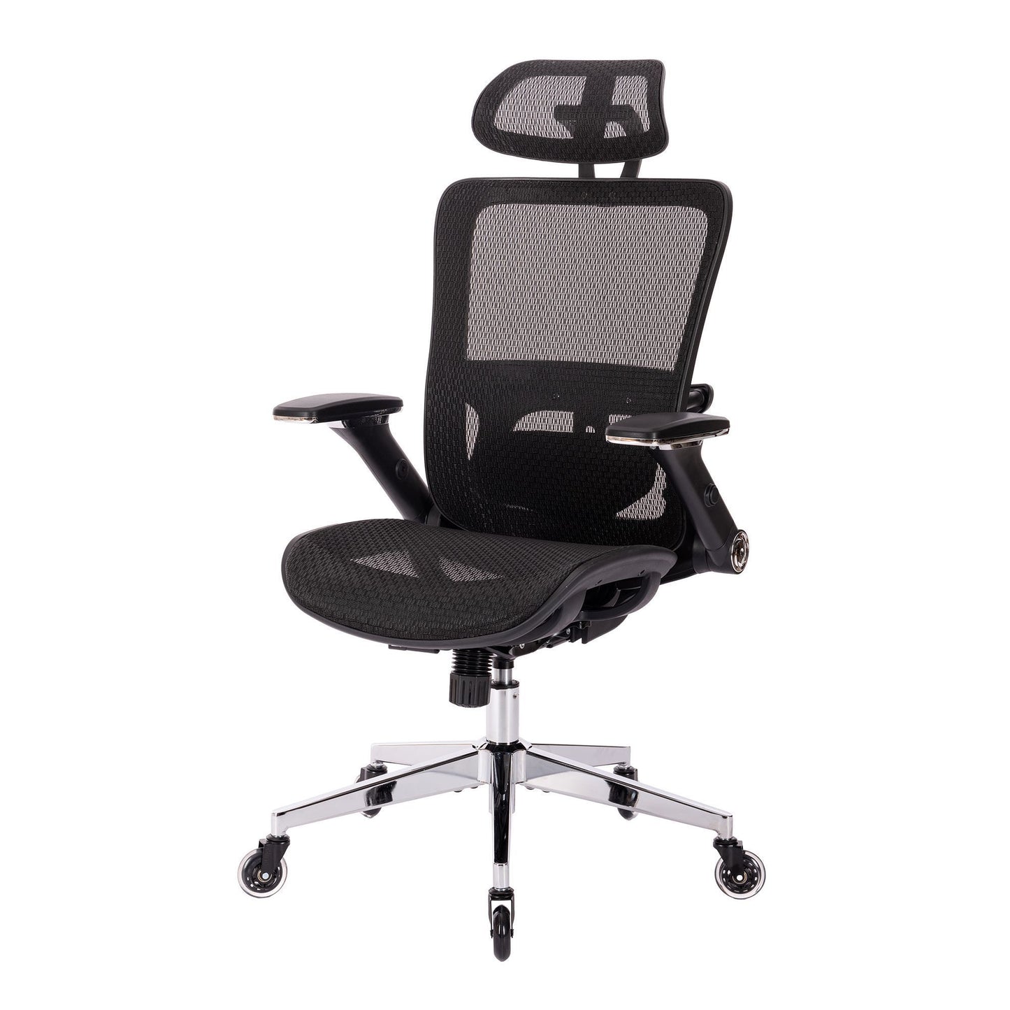 BLACK Ergonomic Mesh Office Chair, High Back - Adjustable Headrest with Flip-Up Arms, Tilt and lock Function, Lumbar Support and blade Wheels, KD chrome metal legs