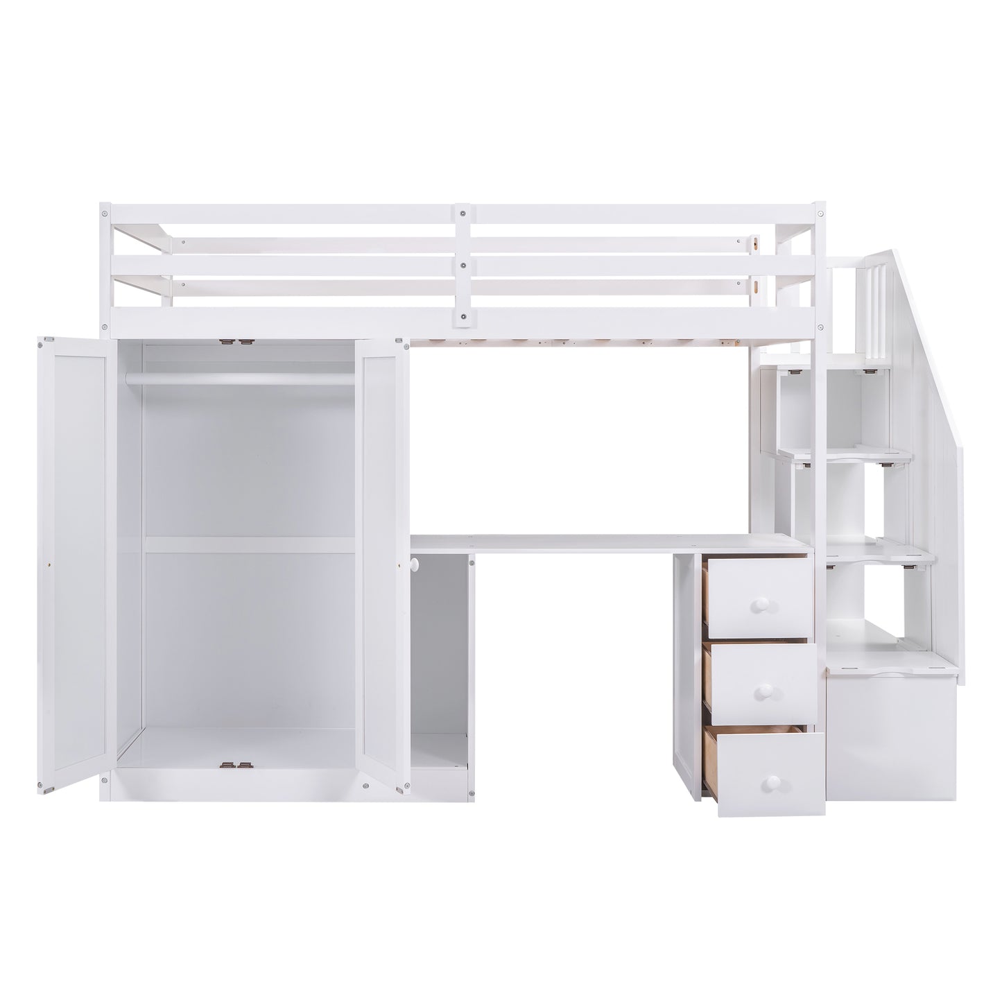 Twin Size Loft Bed with Wardrobe and Staircase, Desk and Storage Drawers and Cabinet in 1, White