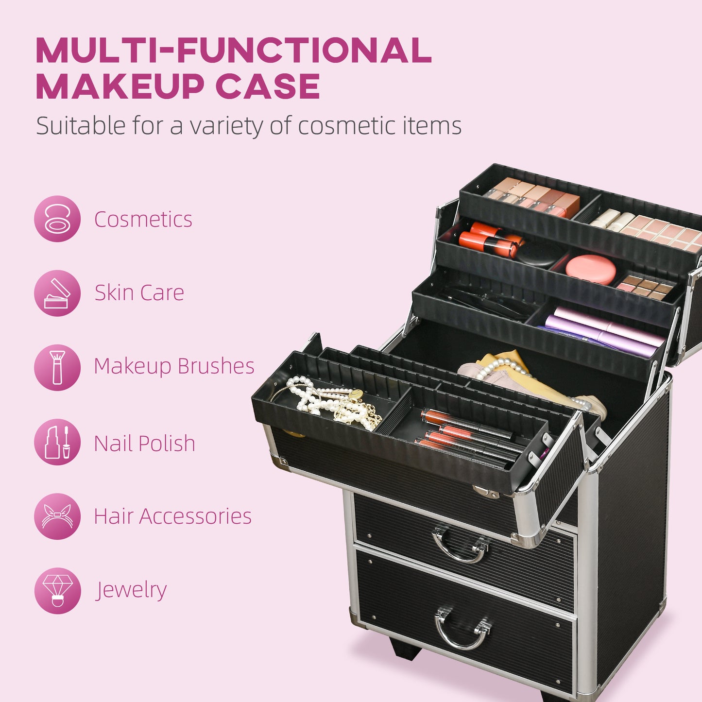 HOMCOM Rolling Makeup Train Case, Large Storage Cosmetic Trolley, Lockable Traveling Cart Trunk with Folding Trays, Swivel Wheels and Keys, Black