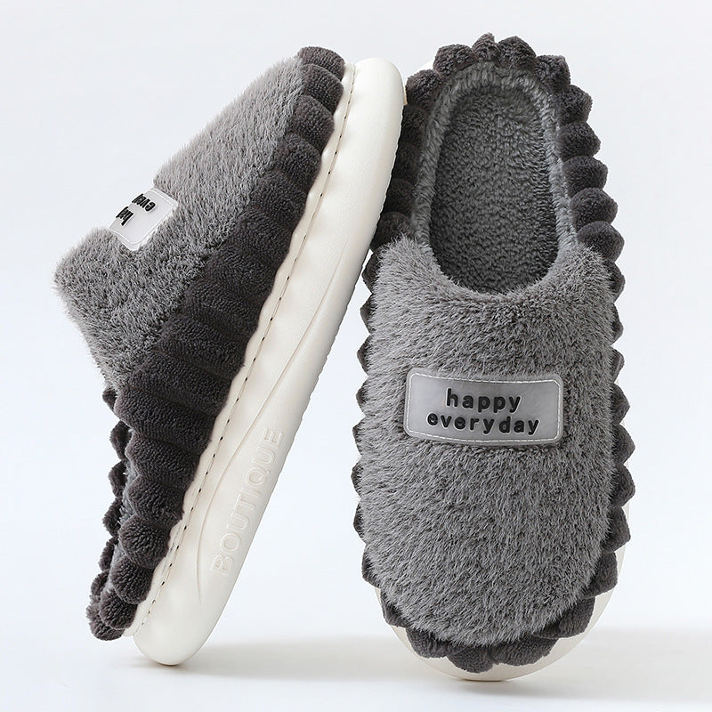 Home Slippers For Men Thick-soled Color-block Letters Fluffy Fleece House Shoes Winter Indoor Warm Slip On Floor Bedroom Slipper. Raee-Industries