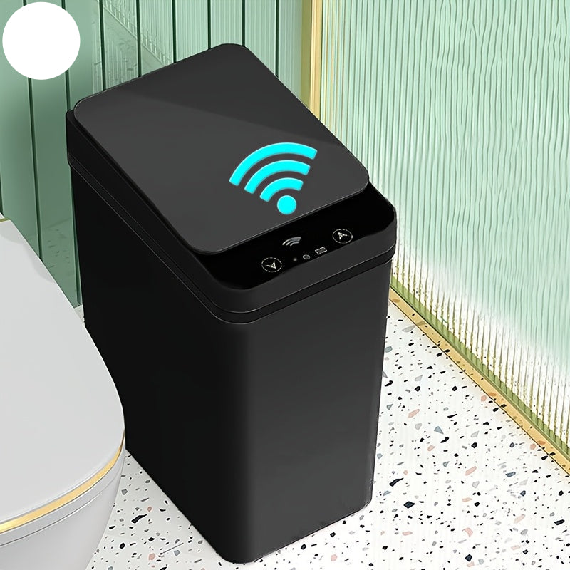 Black smart trash can with Wi-Fi symbol on a light green background