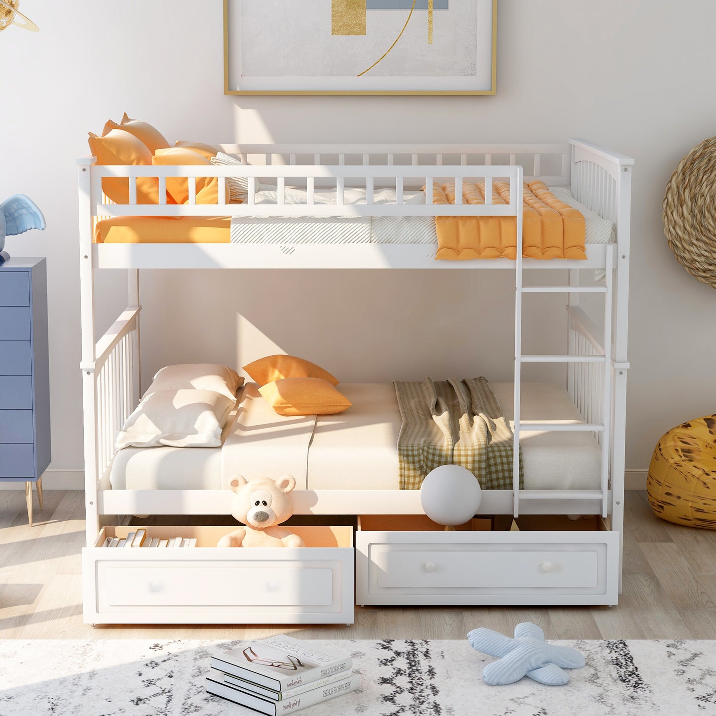 Full over Full Bunk Bed with Drawers, Convertible Beds, White(OLD SKU:SM000241AAK)