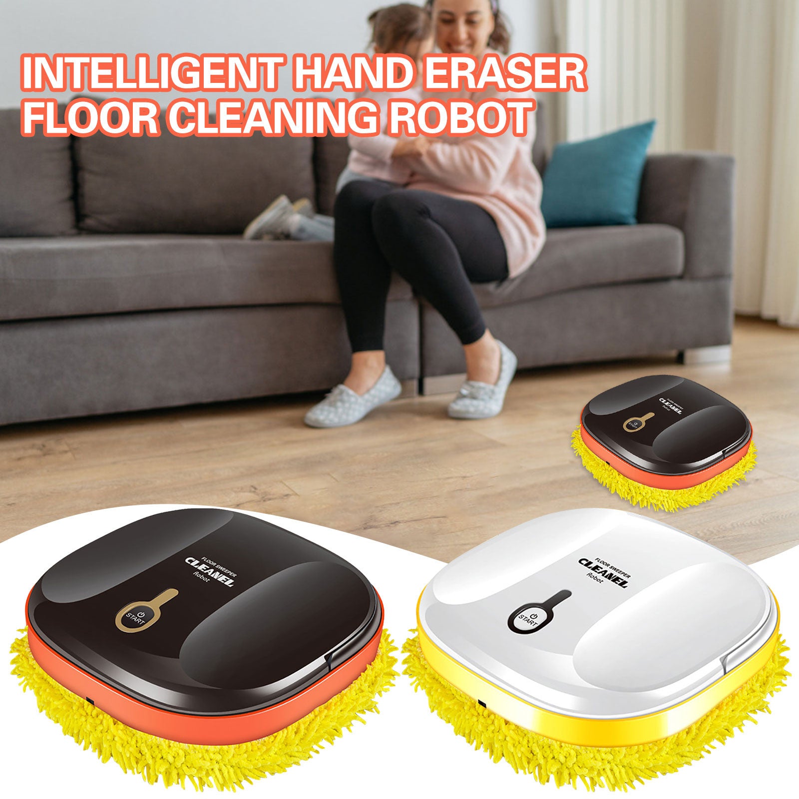 Floor cleaning robots with a woman sitting on a couch in the background