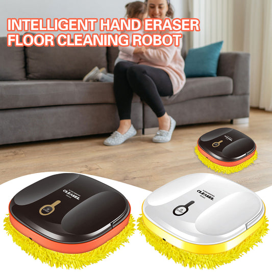 Floor cleaning robots with a woman sitting on a couch in the background