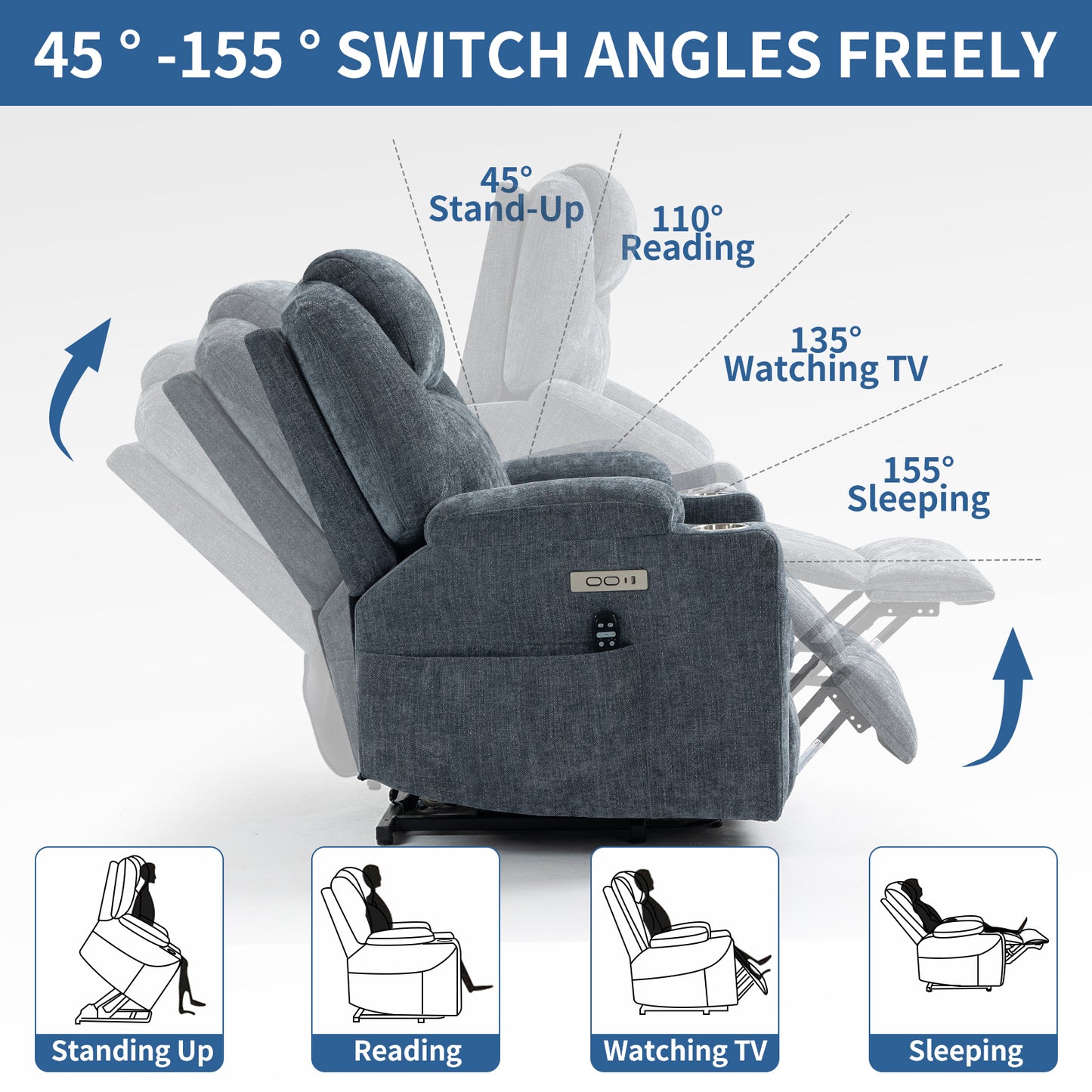 Okin motor Up to 350 LBS Chenille Power Lift Recliner Chair, Heavy Duty Motion Mechanism with 8-Point Vibration Massage and Lumbar Heating, USB and Type-C Ports, Stainless Steel Cup Holders, Blue