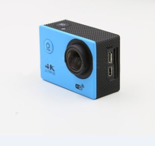 Blue action camera with black accents on a white background
