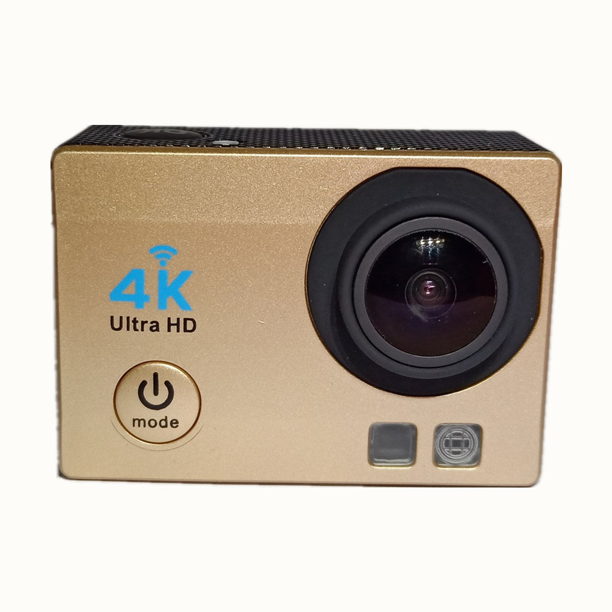Gold action camera with 4K Ultra HD label on a white background