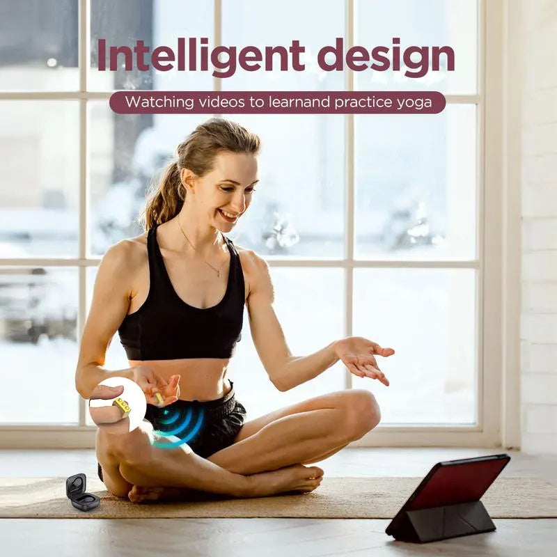 Woman practicing yoga with a tablet on a mat, text 'Intelligent design' and 'Watching videos to learn and practice yoga' above.