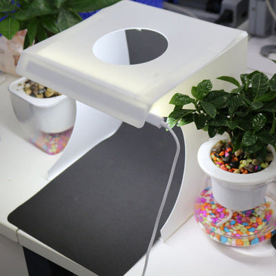 Small white table with a lamp and decorative plants on a desk
