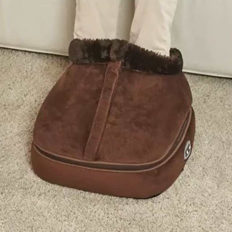 Brown foot warmer on a carpeted floor with a neutral background
