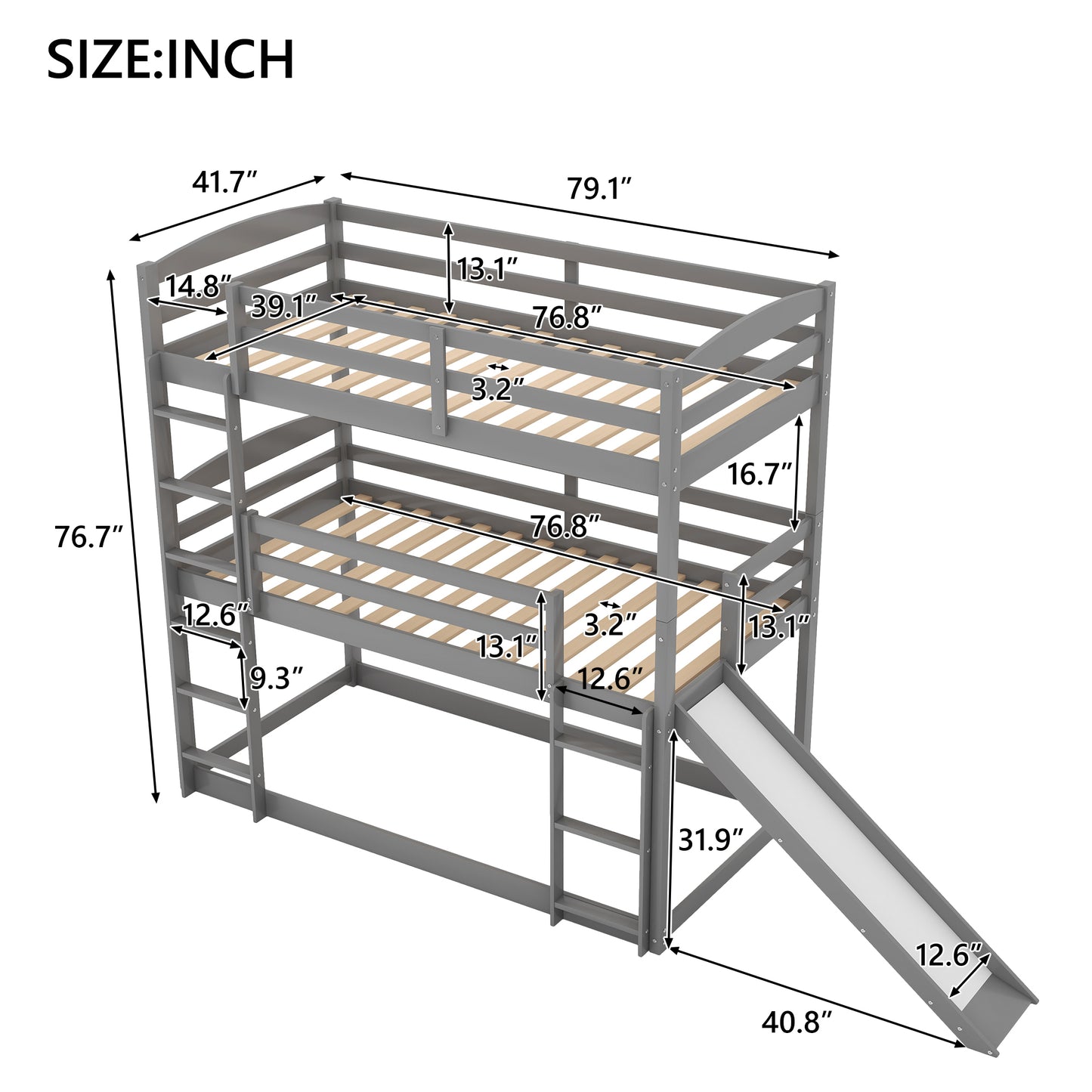 Twin over Twin over Twin Adjustable Triple Bunk Bed with Ladder and Slide,Gray(OLD SKU:SM000508AAE)