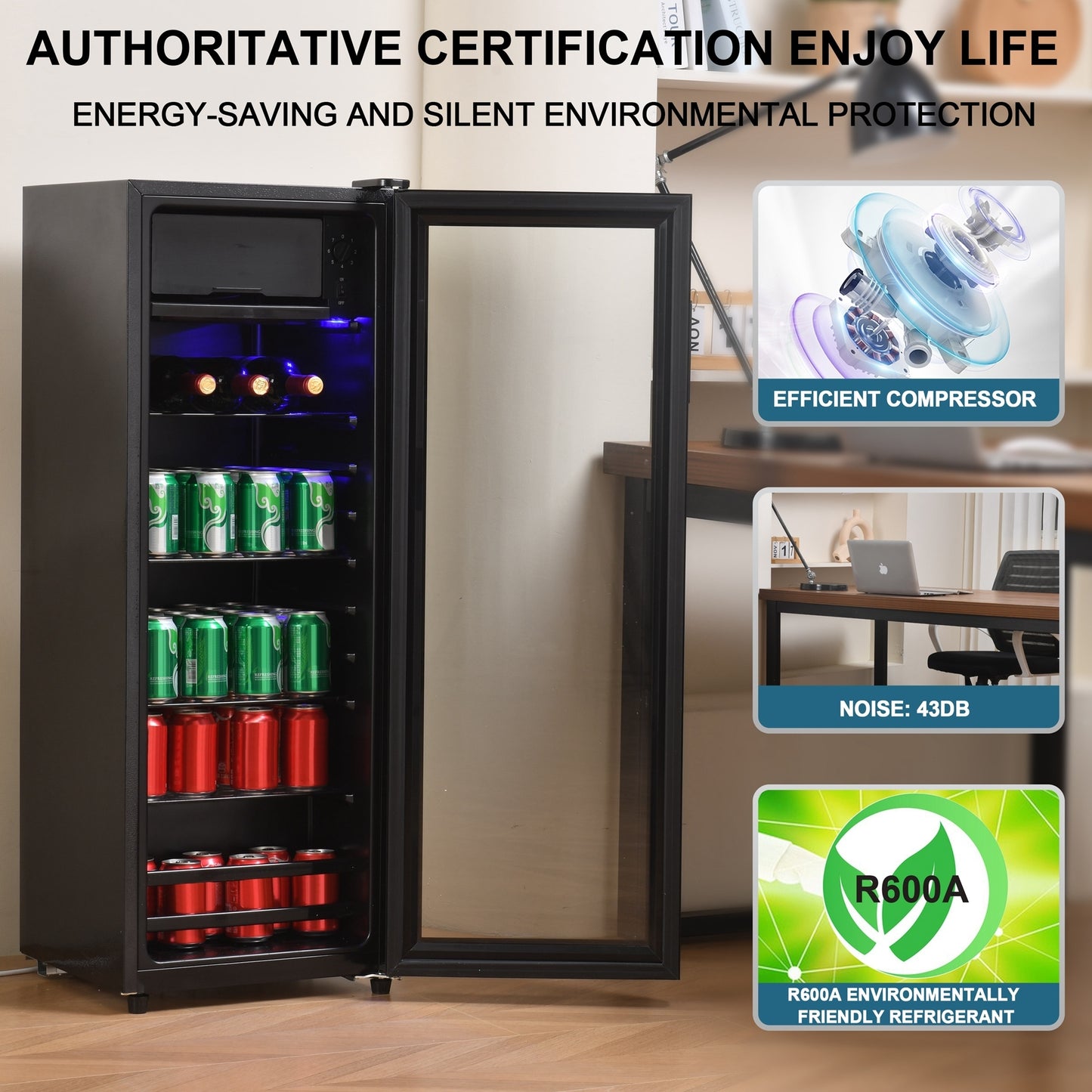 4.5Cu.ft mini fridge, 0.3Cu.ft freezer, up to 94 cans of soda, beer or wine. Silent, high-efficiency and energy-saving compressor, LED lighting, 16.10"×15.70"×43.10", home, RV, apartment, office, etc.