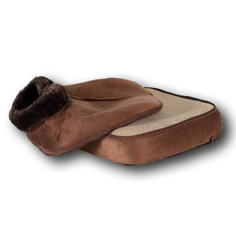 Brown slipper with fur trim on a white background