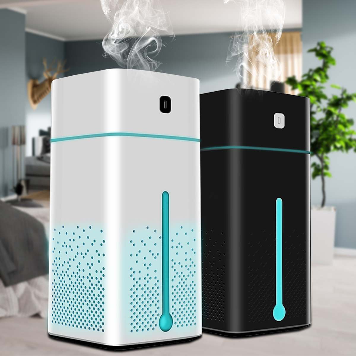 Two air purifiers, one white and one black, with blue accents, in a room setting.